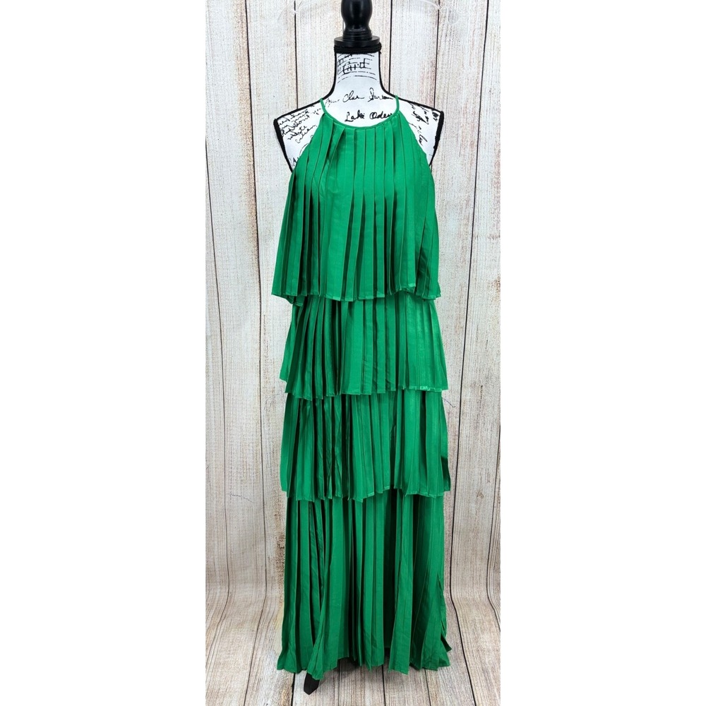 Strut & Bolt Pleated Satin Tiered Maxi‎ Dress Green Emerald Large NWT Formal